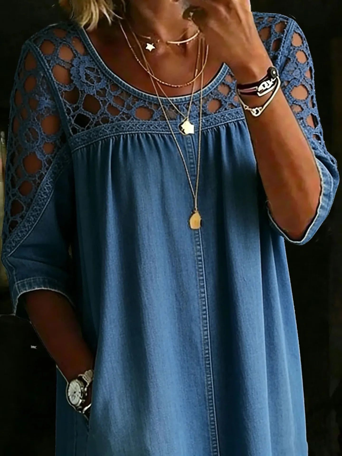 New Spring/Summer Fashion Casual Hlaf Sleeve O-neck Hollow Out Solid Color Loose Fit Pullover Demin Shirt