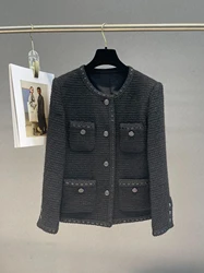 France Style 2023 Autumn Chic Women High Quality Wool-blend Black Tweed Jackets Coat B783