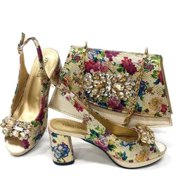 African Women's Fashion Golden Sandals With Square Fine Clutch Bag Italian Design Casual Style Shoes And Bag Set