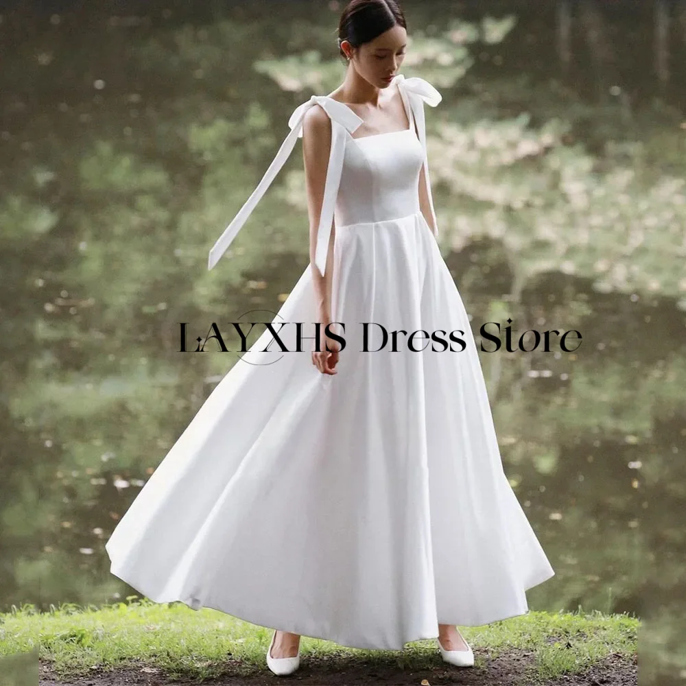 السباغيتي الأشرطة الأبيض الساتان كوريا فساتين الزفاف ألف خط ساحة طوق فستان زفاف أنيقة زي العرائس سترس مخصص #1