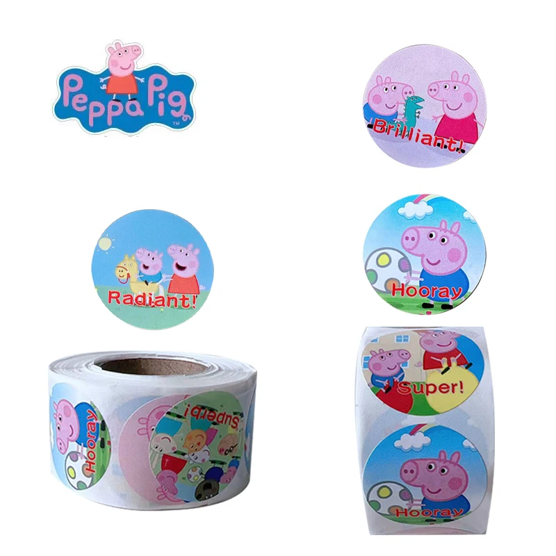 Peppa Pig George Kindergarten Reward Sticker 500PCS/roll Pig Family Pig Father Mother Cartoon Sticker Toy Kid's Birthday Gifts