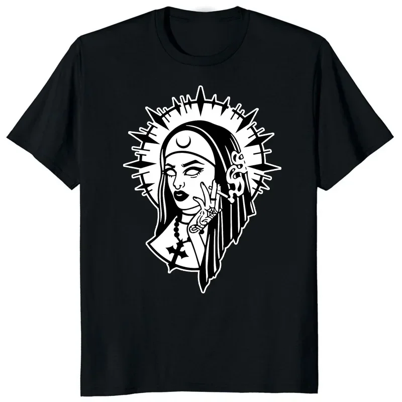 HOT SALE Cartoon Nun No Religion with Brooch Man T Shirt Satan Church Anton Lavie Satan Mystery Goth T Shirt Classic Girl Top