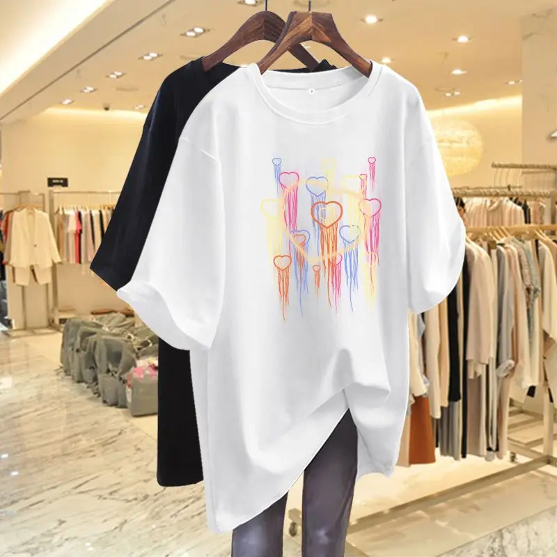 Women Clothing Fashion Y2K Print Basic T-shirts Summer Pure Cotton O-neck Short Sleeve Loose Top Tee Casual Pullover 45-105Kg