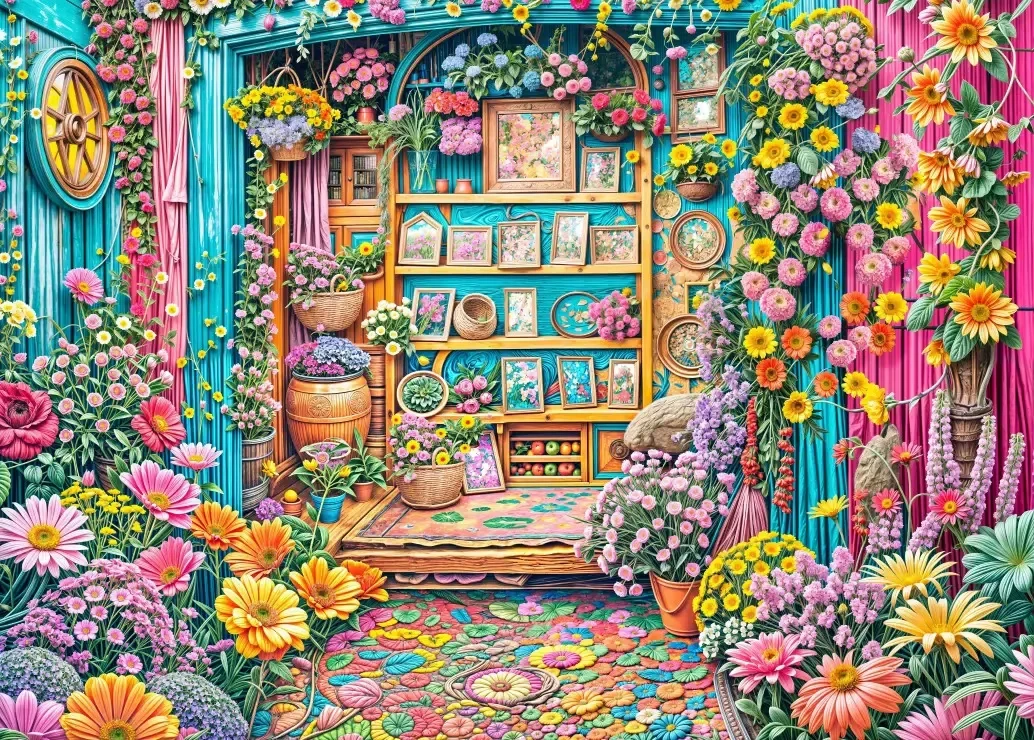 Vibrant Colorful Floral Cottage Shop Front Jigsaw Puzzle,Sunflower Rose Lavender Green Wooden Store Window Shelf Wall Decor Gift