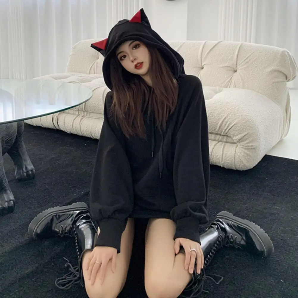 Women Hoodie Lady Winter Hoodie Women’s Autumn Winter Hoodie with Cartoon Cat Ears Thick Drawstring Pullover Loose Mid-length