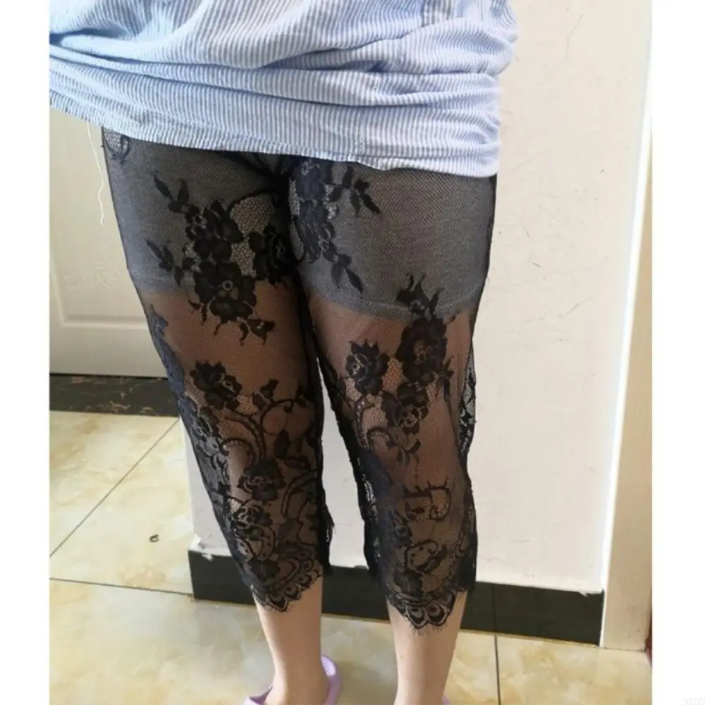Cropped Length Stretch Leggings Stretch Fabric Lace Trim Flower Lace Pettipant Under Skirt Design Sheer Mesh Material
