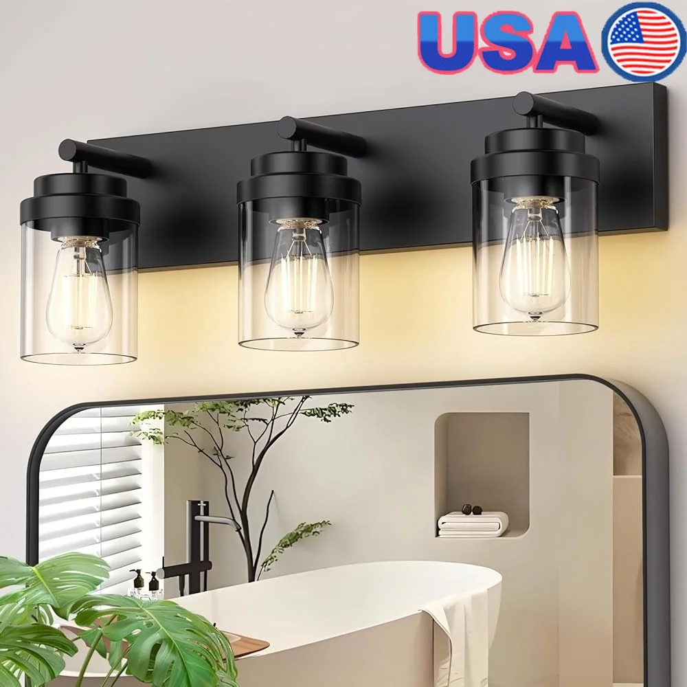 

3-Light Bathroom Vanity Light Fixture Matte Black Over Mirror Clear Glass Shade Modern Anti-Rust Durable Alloy Installation Easy