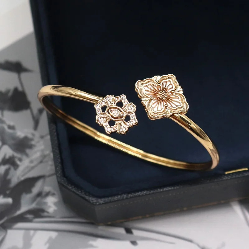 

New Fashion Two Flowers Gold Color Bangles Bracelets For Women Girls Cubic Zirconia Cuff Bangle Bracelet Jewelry