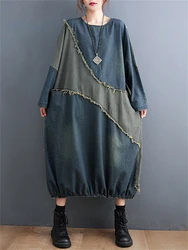 Vintage Sanding Patchwork Denim Dress Women Spring Fall Chic O-neck Lantern Long Sleeve Baggy Frocks Female Streetwear Clothing