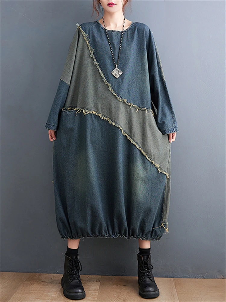 Vintage szlifowanie Patchwork sukienka jeansowa kobiety wiosna jesień Chic O-neck latarnia z długim rękawem Baggy sukienki kobieta Streetwear odzież