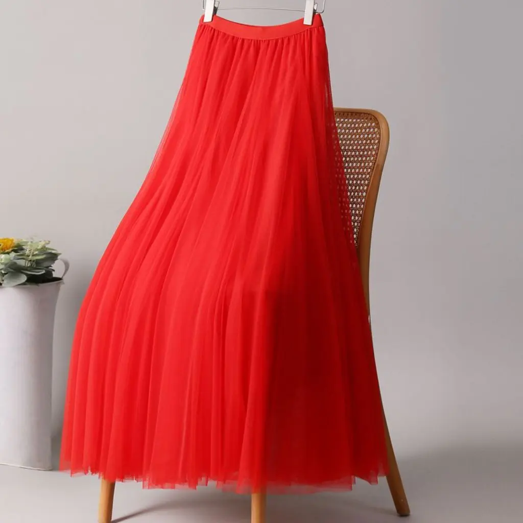 

Big Red GAuze 720 Degree Full Swing Fairy Skirt Mesh High Waist Slim A-line Long Skirt for Women