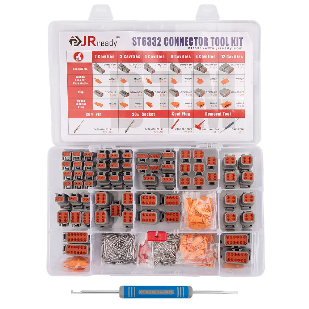 ST6332 Deutsch DTM Connector Kit in 2, 3, 4, 6, 8, 12 Pin Gray Waterproof DTM Connectors, Size 20 Solid Contacts 16-22AW