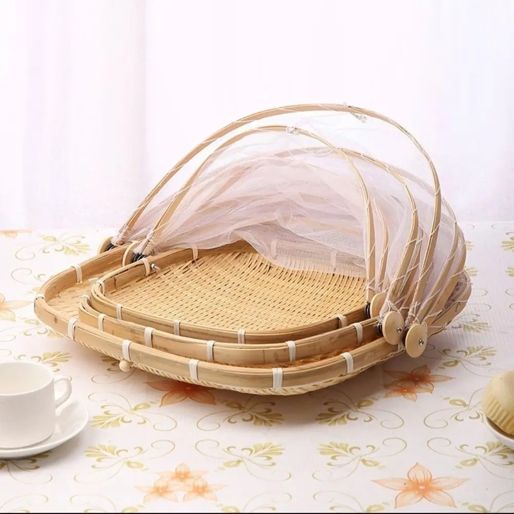 C2 Bamboo Woven Basket Anti-Mosquito Net Fruit Vegetable Laundry Baskets Dustpan Tent Basket Tray Outdoor Picnic Mesh Net Cover