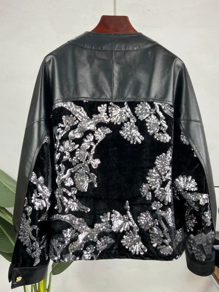 New Spring Vintage Spliced Sequined Women Velvet Genuine Leather Jacket V-Neck Long Sleeve Short Coat Single Breasted Outerwear - view 3
