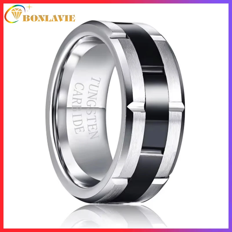 BONLAVIE 8mm Assembly Middle Black Polished Both Sides Frosted Tungsten Carbide Ring For Men Comfort Fit Engagement Rings