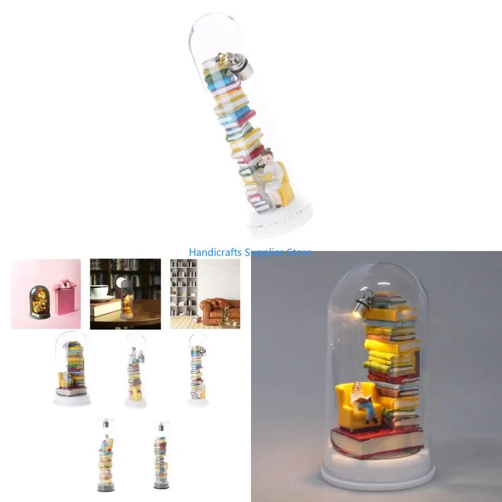 Lector en miniatura R1WA y luz nocturna con escultura libro en tubo ensayo con iluminación LED cálida para decoración y