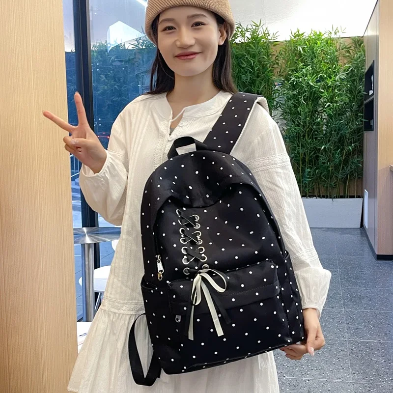 Preppy Style Polka Dot Ribbon Bow Backpack Large Capacity Nylon School Bag for Teen Girls Women Casual Travel Daypack