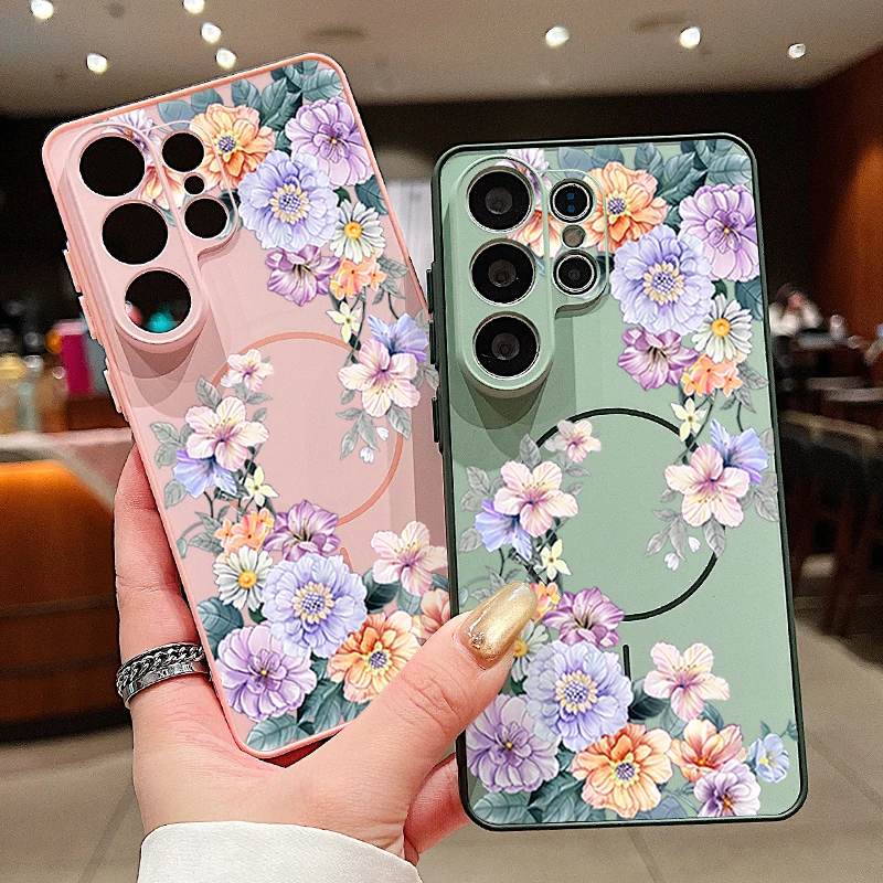 Blumenmuster Magnetische Handyhülle für Samsung Galaxy S26 S25 S22 Ultra Edge S24 Plus S23 FE A17 A56 A37 A16 A55 A36 A55 Cover