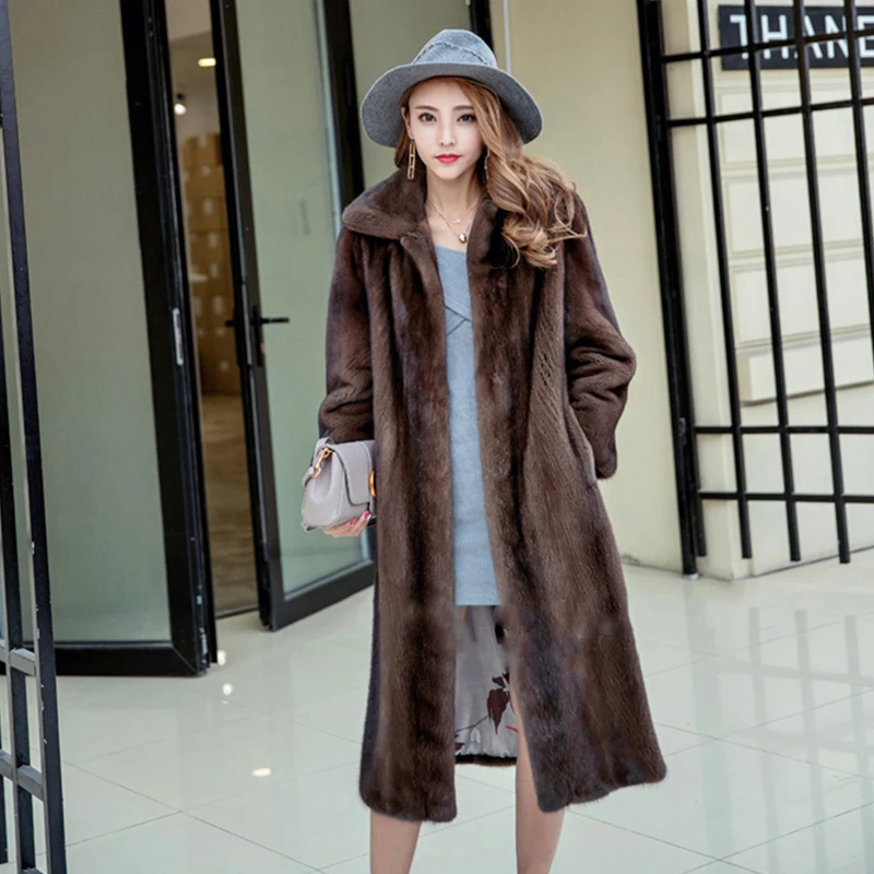 Ftangaiur Winter Female Import Velvet Mink Fur Coat Patchwork Tiger Mink Coat Women Jacket X-Long Natural Real Mink Fur Coats