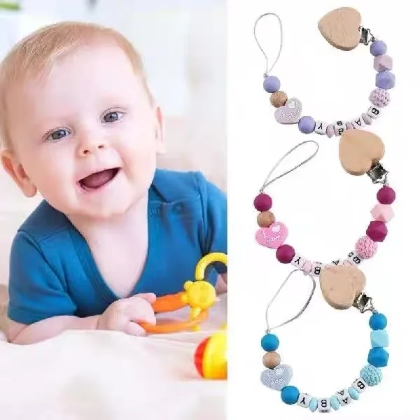 

Baby Personalized Name Pacifier Clips Chains Heart Beech Silicone Beads Teethers Dummy Nipple Holder Clip Newborn Teething Toys