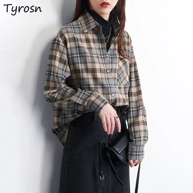 

Plaid Shirts Women Elegant All-match Retro High Street Design Turn-down Collar Single Breasted Long Sleeve Blouses Lady Ulzzang