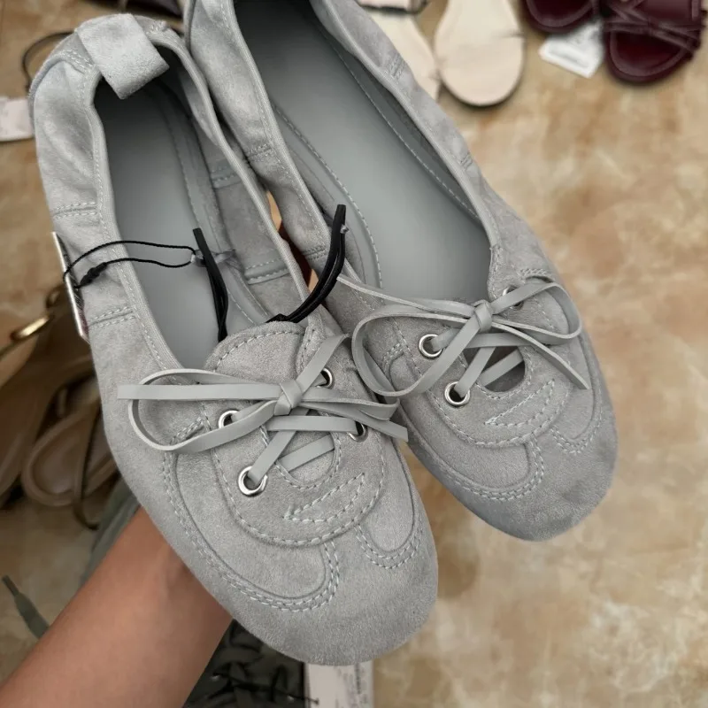 Womens Suede Bow Lace Up Ballet Flats Soft Sole Casual Flat Shoes Lightweight Comfortable Slip on Daily Walking Fashion Footwear