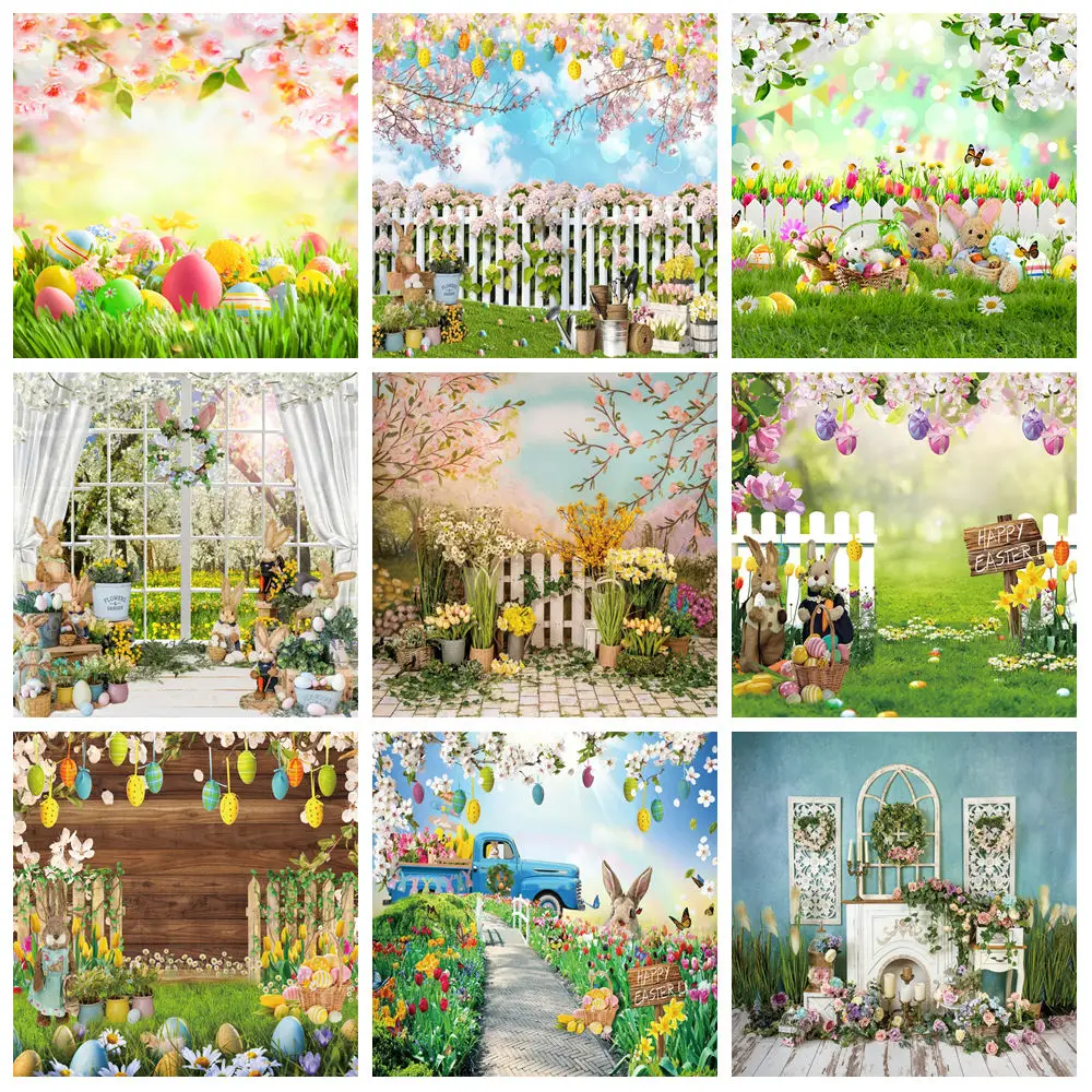 Spring Easter Photography Backdrop Bunny Eggs Flower Wood Board Fence Easter Kids Birthday Party Background Decor Photo Studio