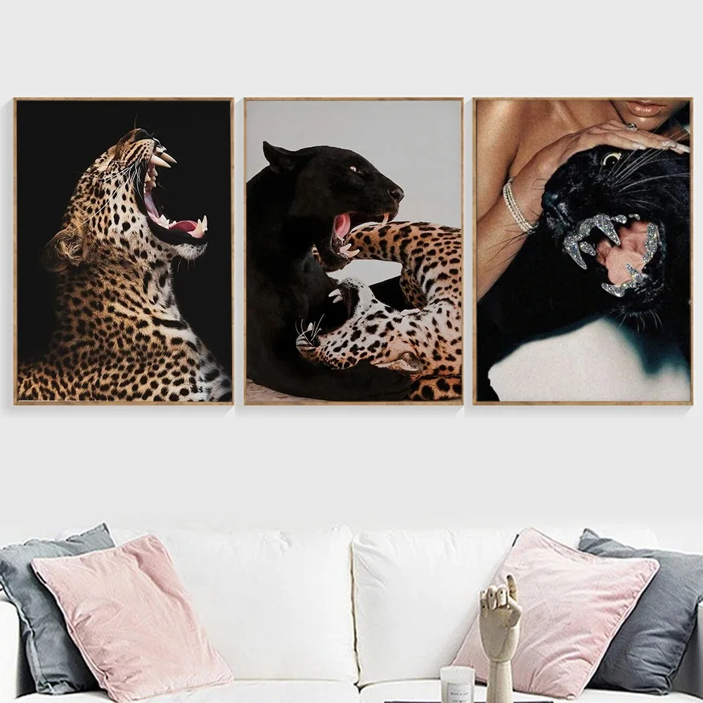 1PCS frameless Canvas paintingHypebeast Modern Black White Doberman Gun Luxury Fashion Poster Leopard Tiger Dog Canvas Painting