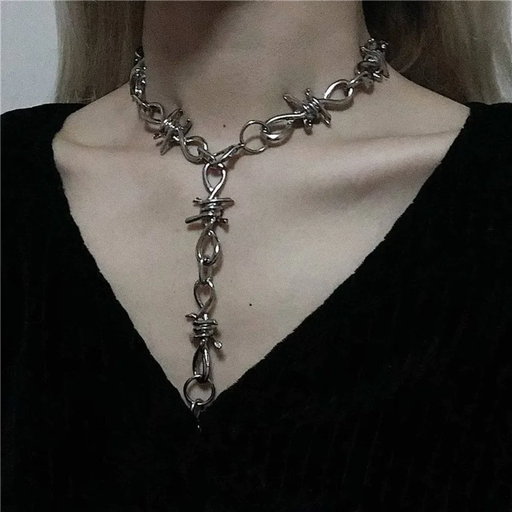 Hip Hop Personality Barbed Wire Thorn Choker Y Drop Tassel Pendant Necklace for Women Men Gothic Sliver Color Punk Neck Jewelry