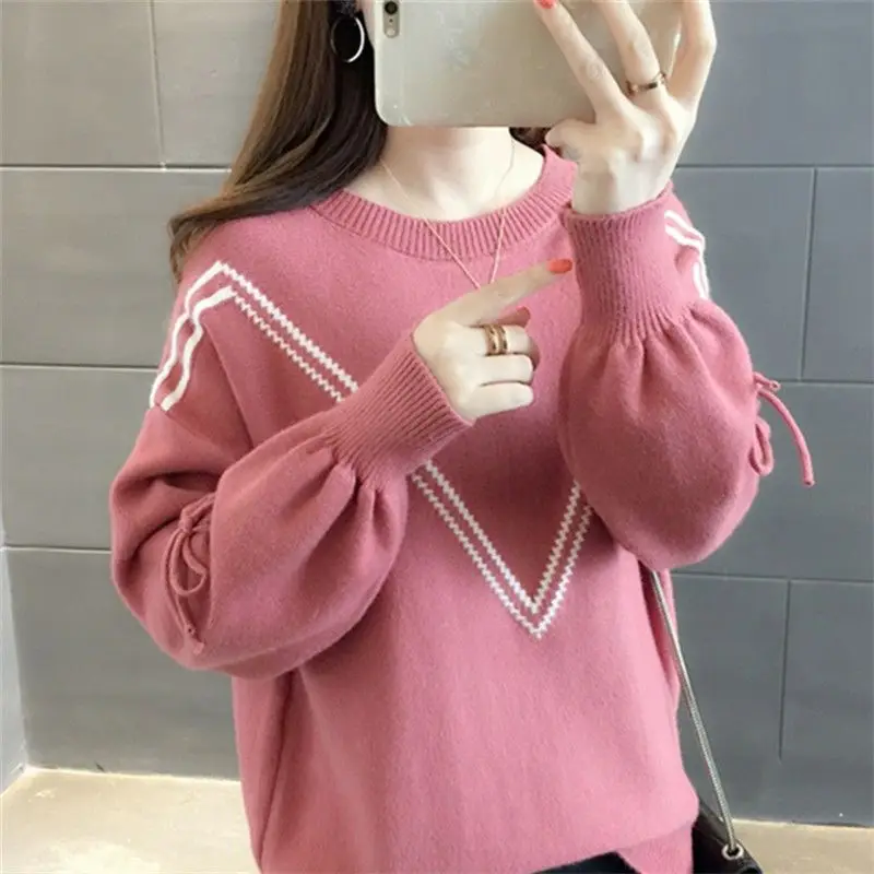 All-match Women\'s Clothing Round Neck Pullover Solid Color Sweater Knitted Long Sleeve Bandage Office Lady Vintage Sweet Tops