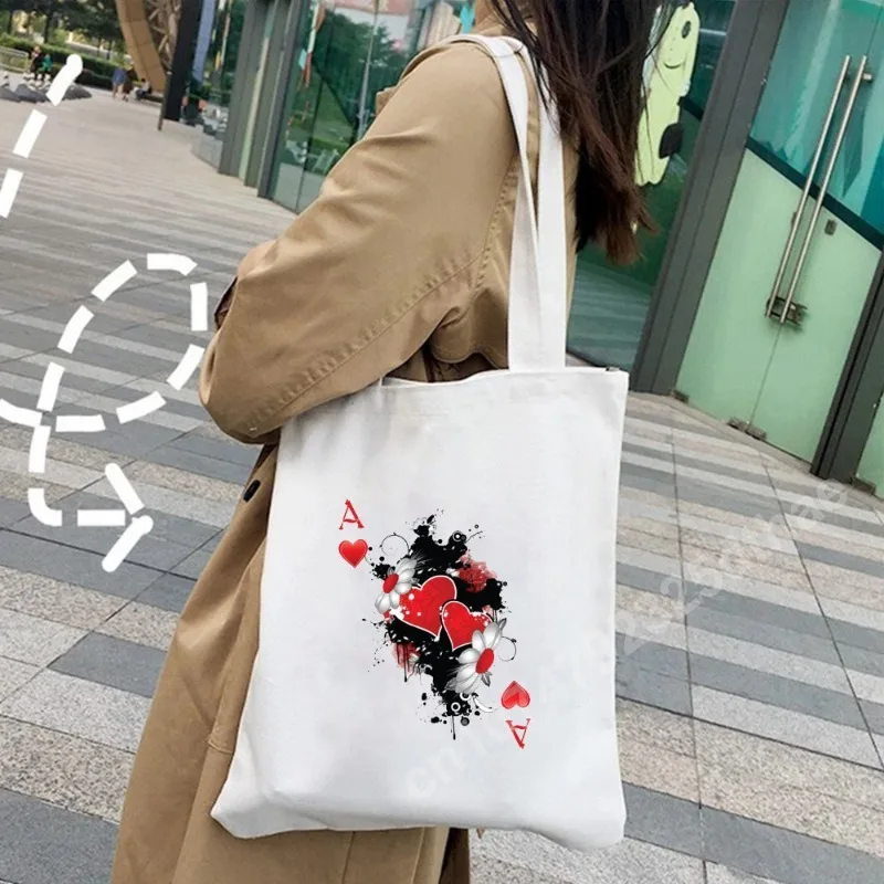 Funny Cute King Queen Shoulder Bag Poker Playing Cards Jack of Hearts Crowned Women Canvas Tote Bags Shopping Cotton Handbags