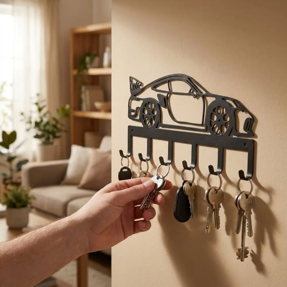 Black Minimal Metal Car Key Holder Sturdy 6 Hooks Industrial Style Sports Car Storage Hooks Pre-Drilled Holes Wrought Iron