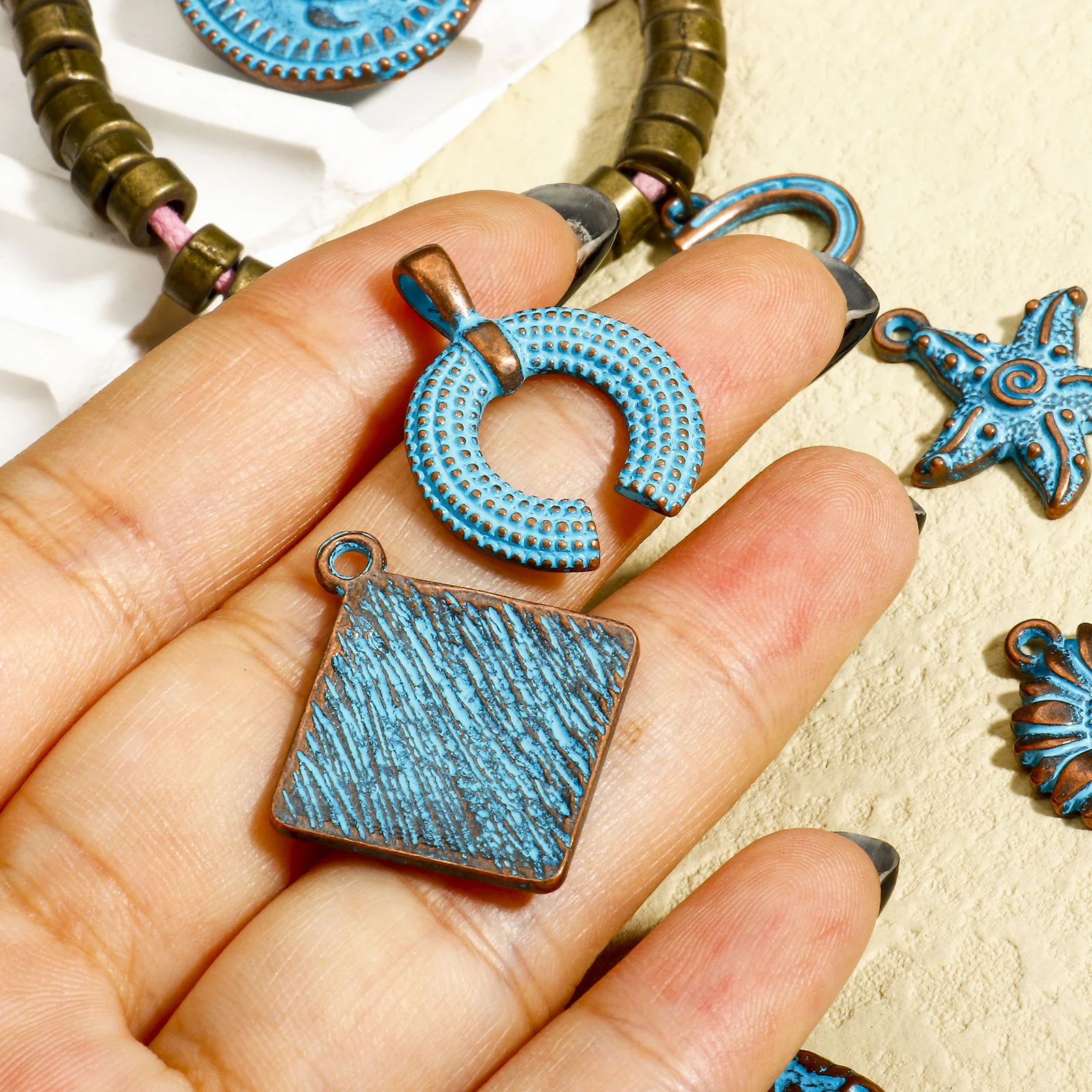 20pcs Bohemian Style Ocean Jewelry Charms Antique Copper Blue Patina Geometric Flower Pendants DIY Necklace Earrings Jewelry