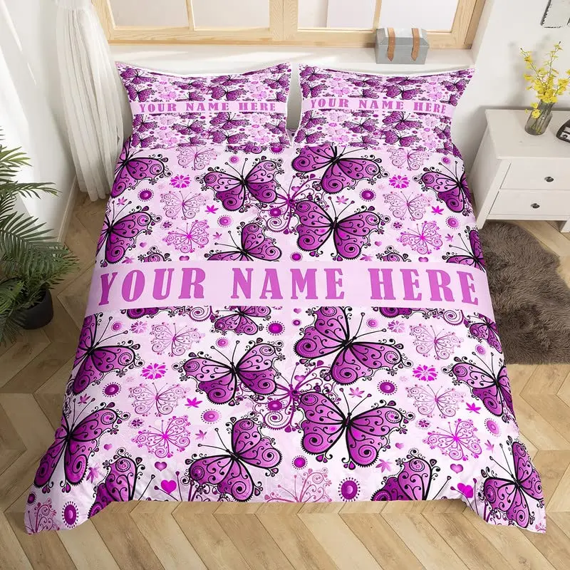 

Personalized Name Duvet Cover Set,Purple Butterfly Picture Costom Comforter Cover Customized Bedding Set Gifts for Kids Boy Girl