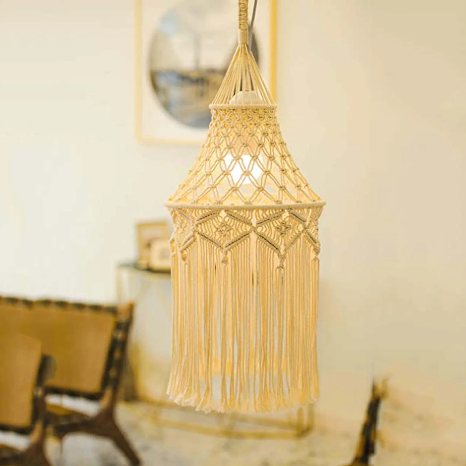 Nordic Handmade Hanging Lamp Cover Macrame Light Shade Chandelier  Cotton Rope Chic Boho Decor Lampshade Tapestry Woven Room