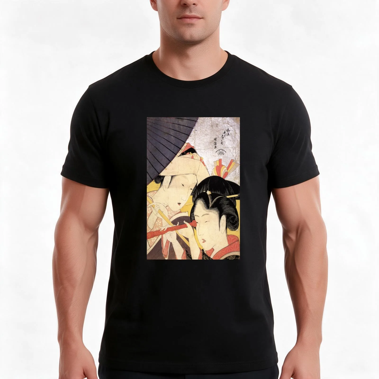Young Woman Looking Through a Telescope' by Katsushika Hokusai (Reproduction) T-Shirt, Summer Casual Cotton Tee, 100% Cotton