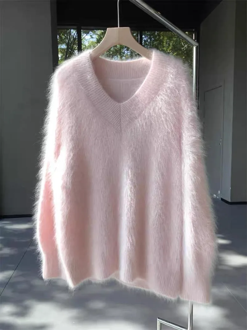 MiiiiX dolce imitazione pelliccia di visone morbido maglione lavorato a maglia donna Pullover 2024 autunno carino rosa sciolto peluche Top Casual vestiti femminili