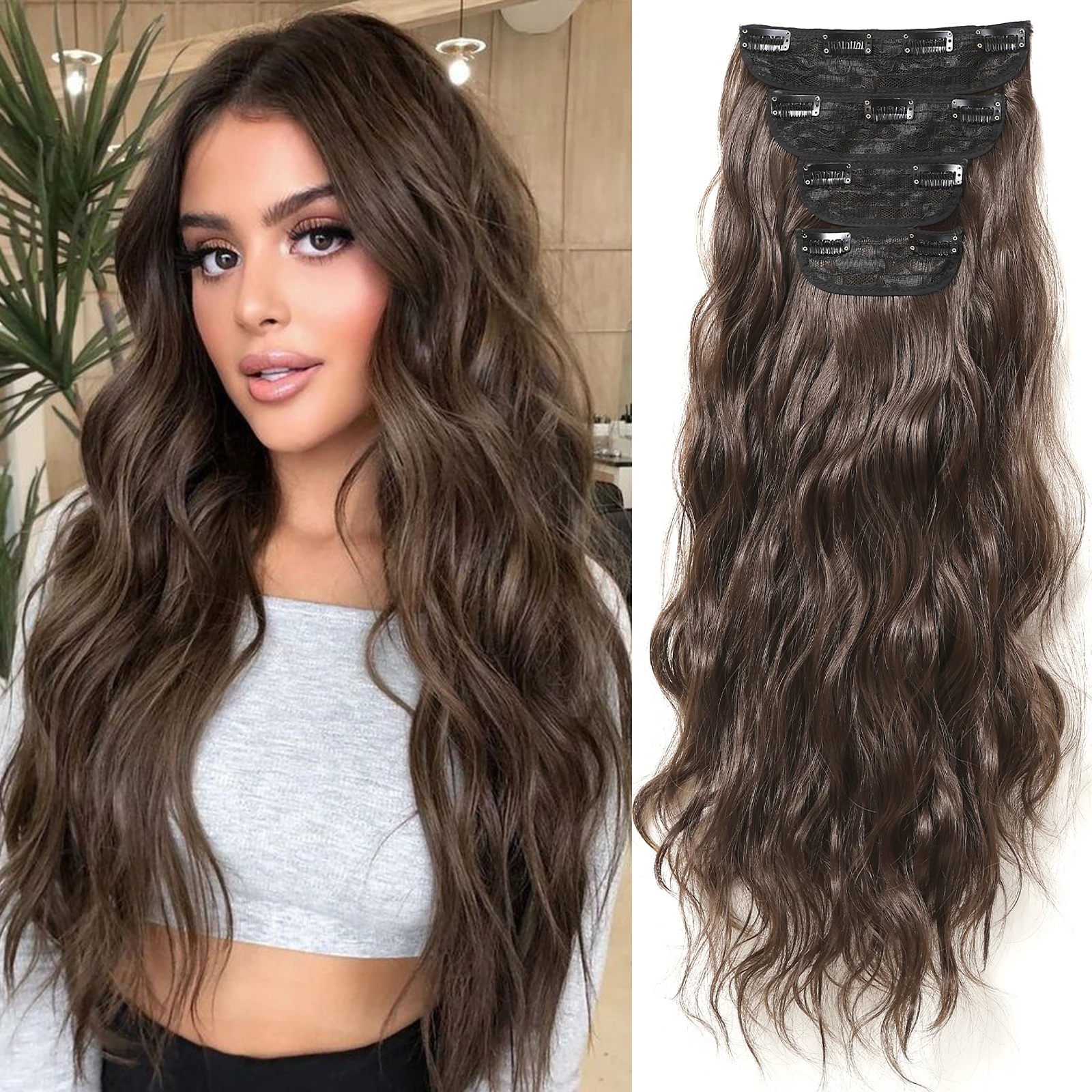 

Long Wavy Synthetic Hair Clip In Hair Extensions Brown Thick Hairpieces For Women 4Pcs/Set 22Inch Hair Extension Hairpieces