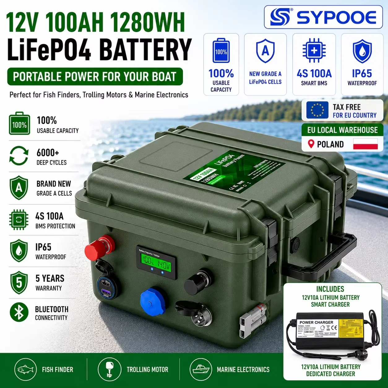 12V LiFePO4 Battery 100Ah 140Ah 200Ah 50Ah For Fishing Boat Trolling Motor 6000+ Cycles Bluetooth IP65 Portable Lithium Battery