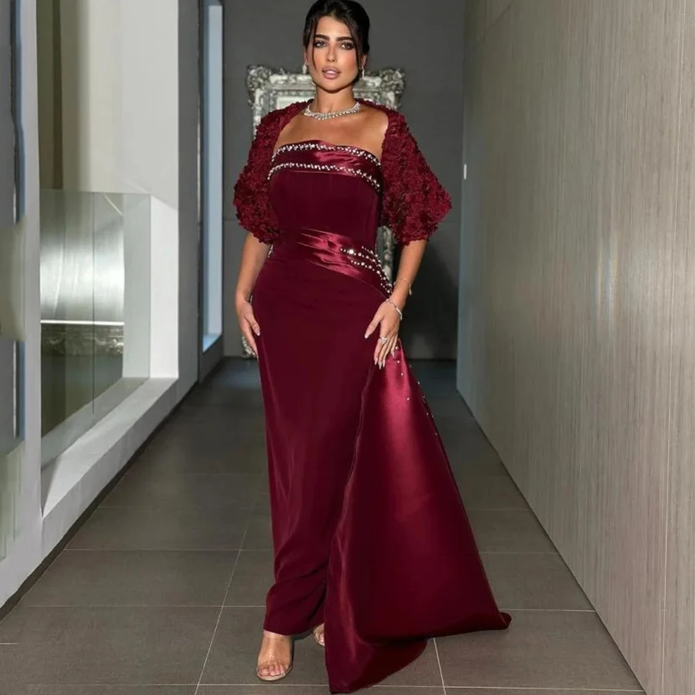 

Burgundy Strapless Evening Dress Beading Straight Ankle Length Women Customized Party Gown with Jacket فساتين سهره نسائيه فخمة