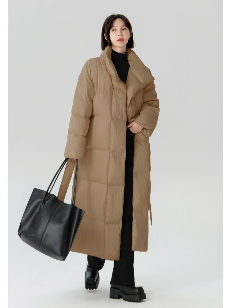 Manteau long en duvet de canard blanc pour femme, veste à lacets, col montant abricot, optique, chaud, haut de gamme, hiver, 90%