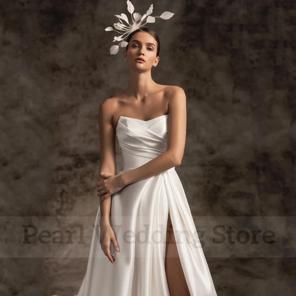 Abito da sposa da sposa con spacco laterale alto Sexy semplice pieghe senza spalline senza maniche a-line lunghezza del pavimento senza schienale con abiti da sposa tascabili