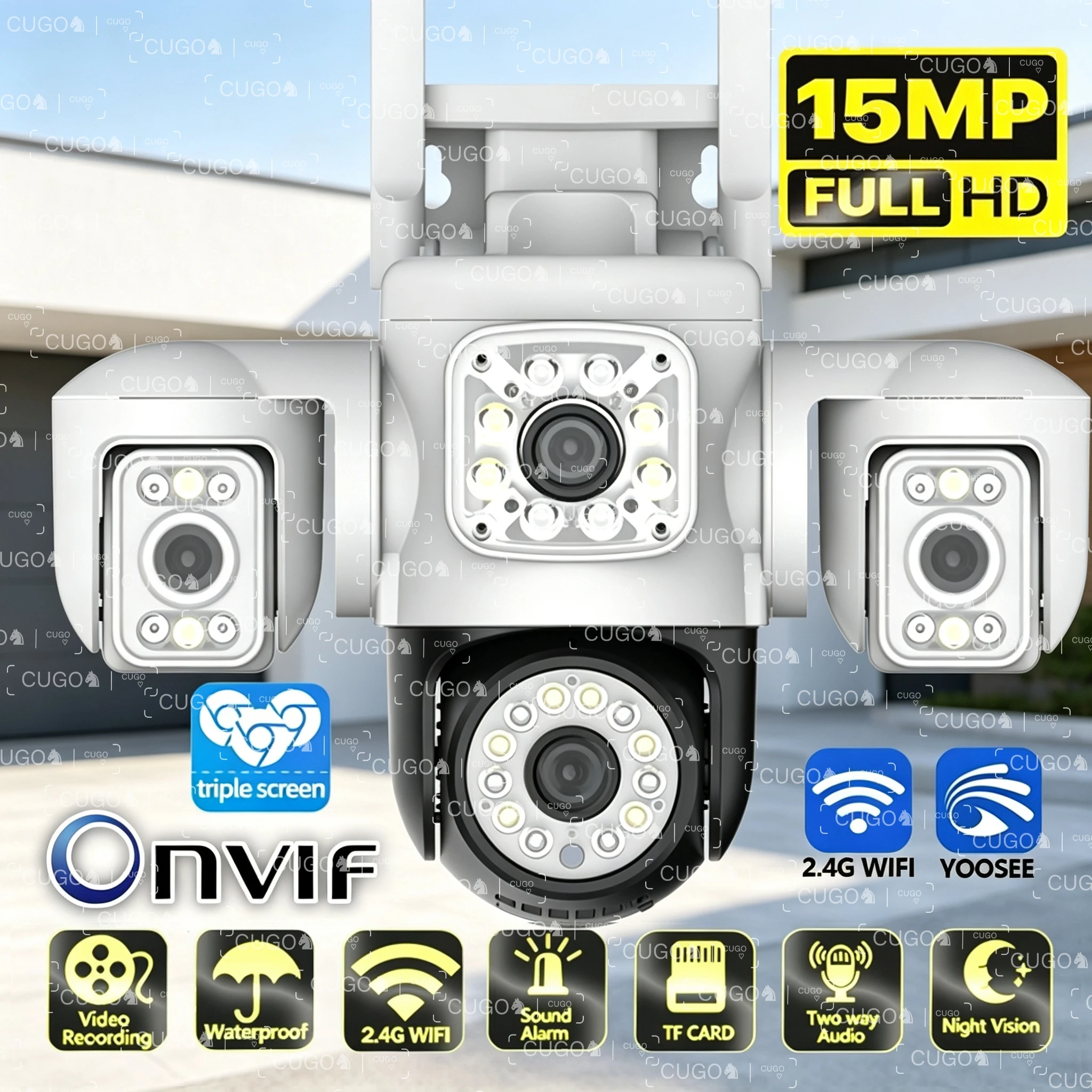 8K 15MP WiFi Surveillance Camera Four Lens Three Screen 360° PTZ IP Camera Auto Tracking CCTV Cam Wireless Surveillance Onvif