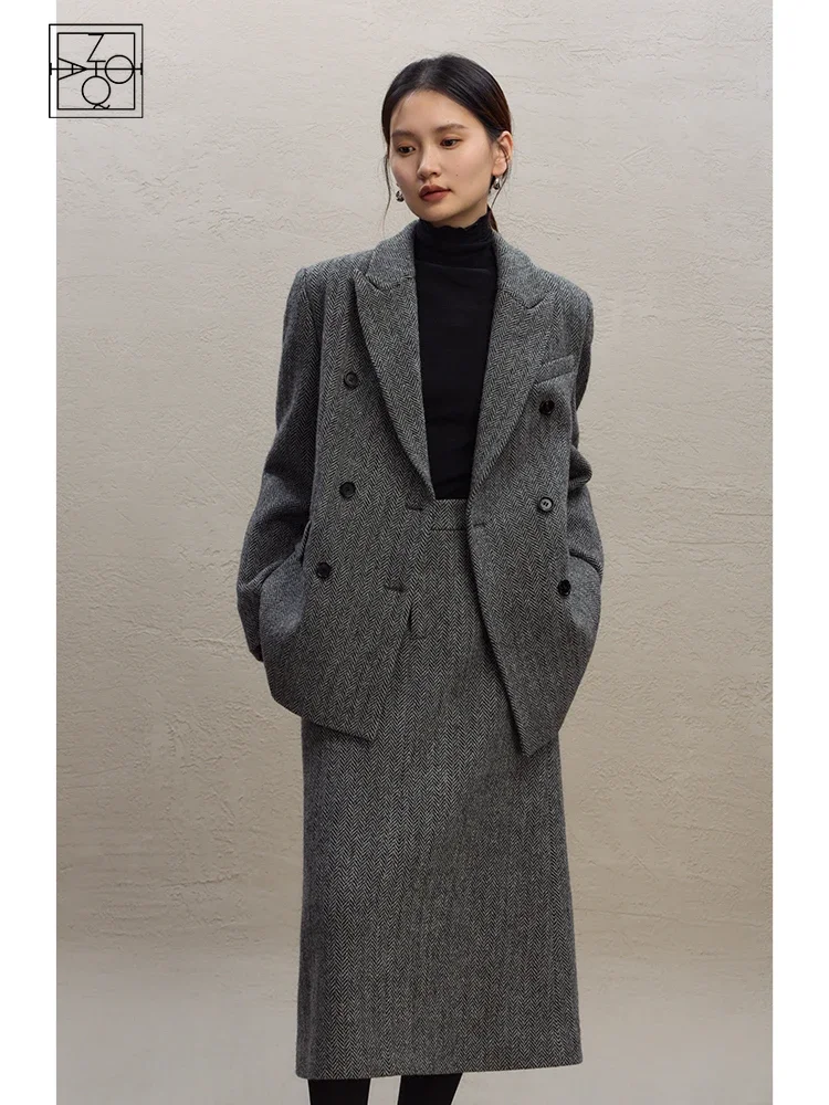 ZIQIAO Petite Herringbone Pattern Woolen Suit Half Skirt Set For Women\'s 2023 Winter New Shoulder Jacket Casual Loose Jacket