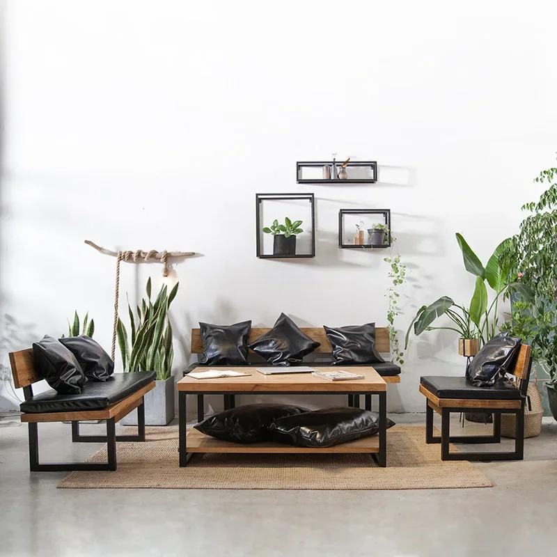 

Loft American Industrial Style Living Room Wrought Iron Solid Wood Sofa Coffee Table Combination Retro- Sofa Table And Chairs