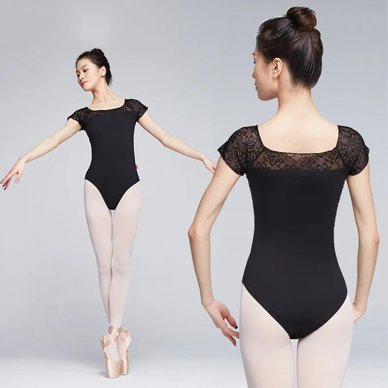 Ballett Trikots für Frauen Tanz kostüm Kurzarm Spitze Spleiß Nylon Trikot Erwachsenen Ballerina Kleidung schwarz Tanz tragen Badeanzug