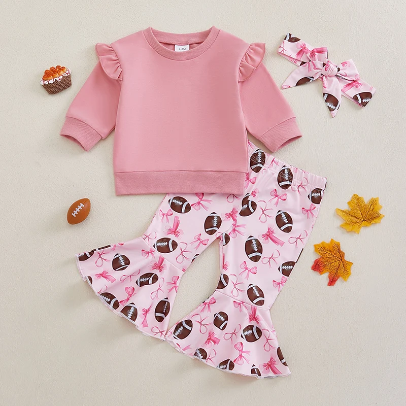 Adorable Infant Girl Autumn Ensemble Cute Bow Sweatshirt Football Print Flare Pants and Matching Headband Set