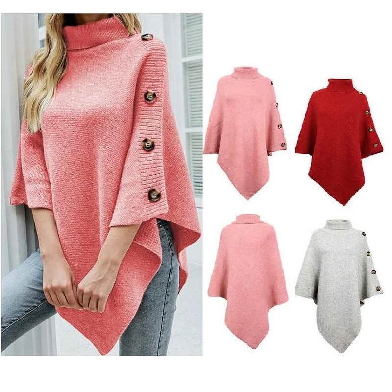 

Autumn Winter Women Button Decorative Sweaters Shawl Cloak Sweaters Solid Color High Neck Knitted Outwear