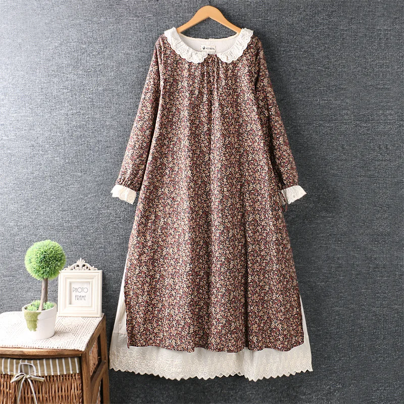 Vintage Japanese Style Lace Peter Pan Collar Long Sleeve Rustic Flowers Print Cotton Layers Dress 2023 Autumn