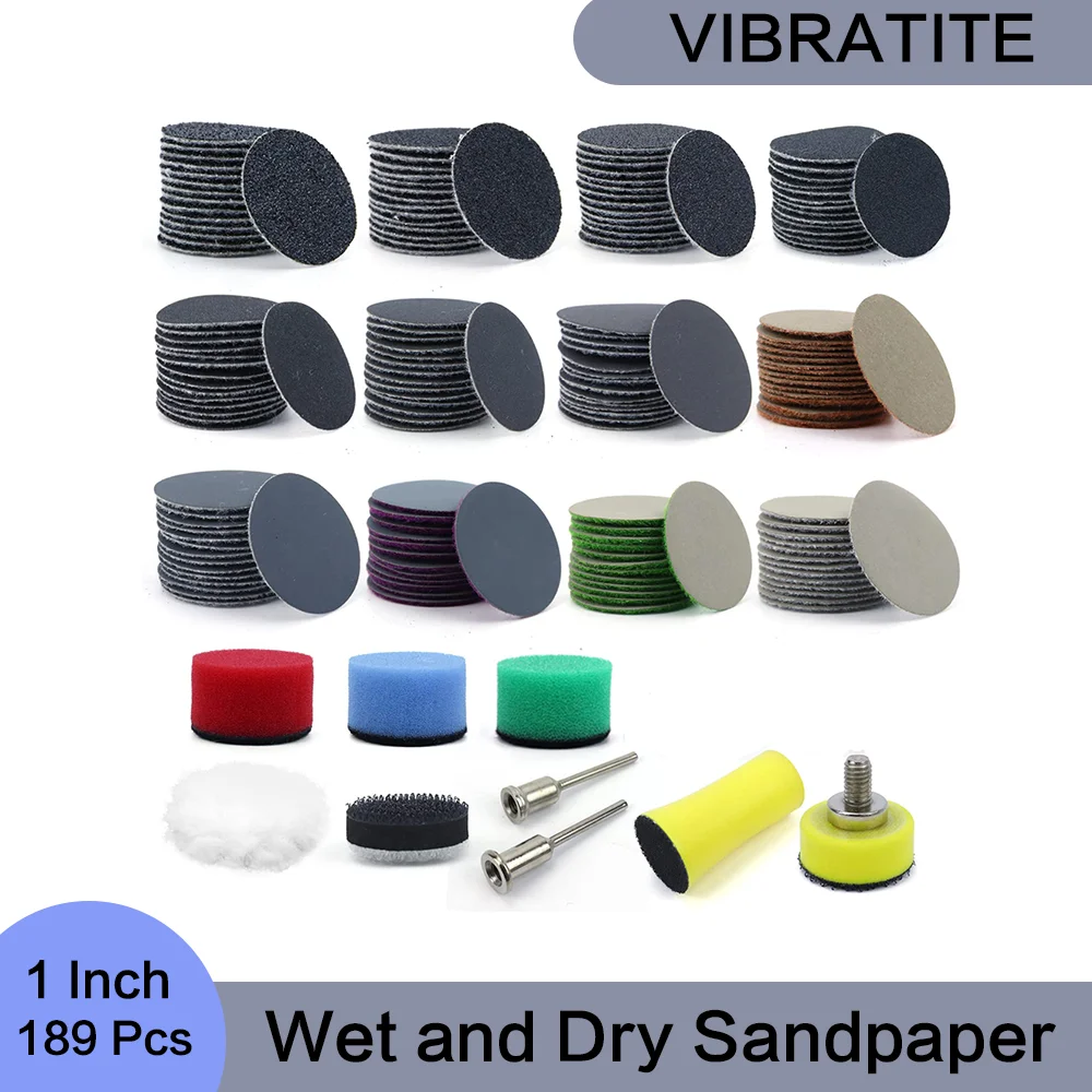 1 Inch Wet and Dry Sandpaper 189 Pcs Hook and Loop Assorted 60 to 10000 Grits with 1/8